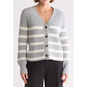 Caslon Gray and White Striped Cardigan Sweater